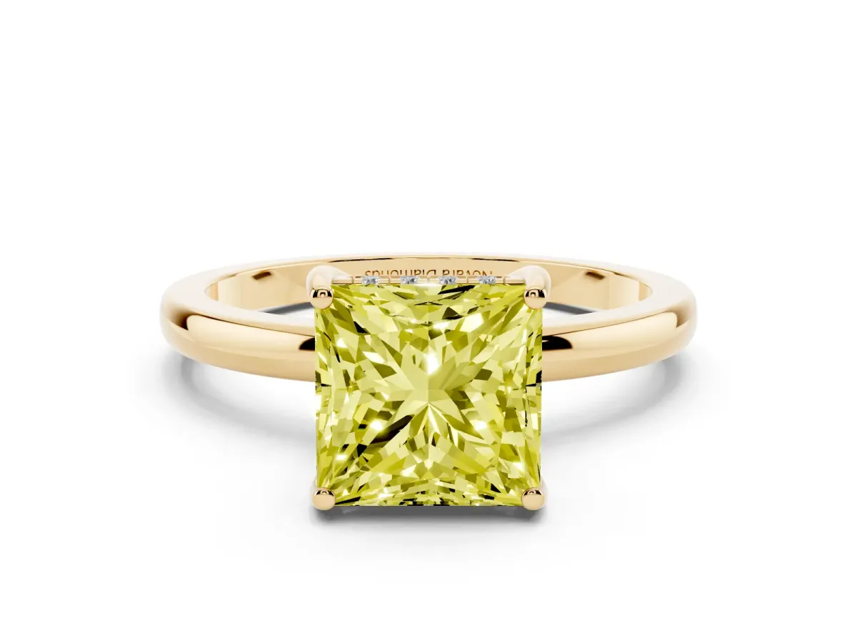 Fancy Yellow Princess Cut Diamond Solitaire Ring Set in Yellow gold with Plain Band and Prong Setting