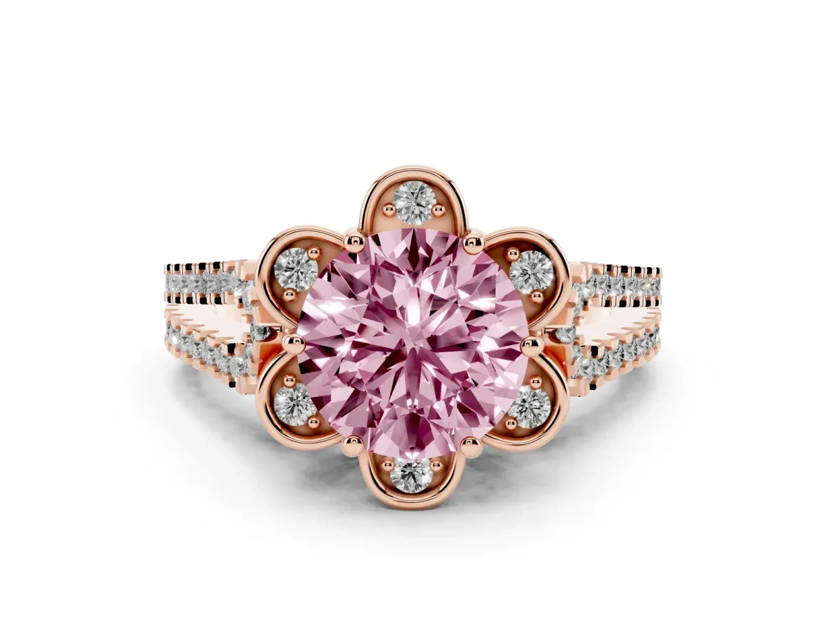 Fancy Pink Round Cut Diamond Floral Halo Split Shank Engagement Ring Set in Rose gold with Pavé Shank