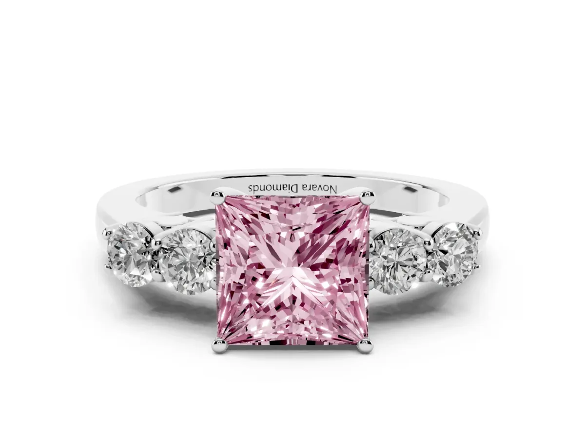 Fancy Pink Princess Cut Diamond Five-Stone Prong Set Band Ring Set in Silver with Polished Band