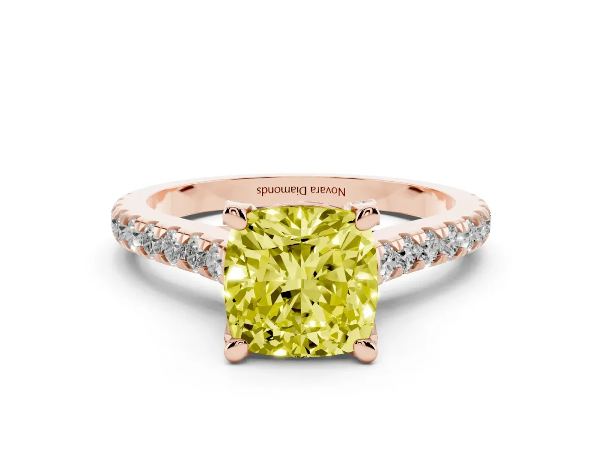 Fancy Yellow Cushion Cut Diamond Solitaire Ring Set in Rose gold with Brilliant Pavé Band and Prong Setting