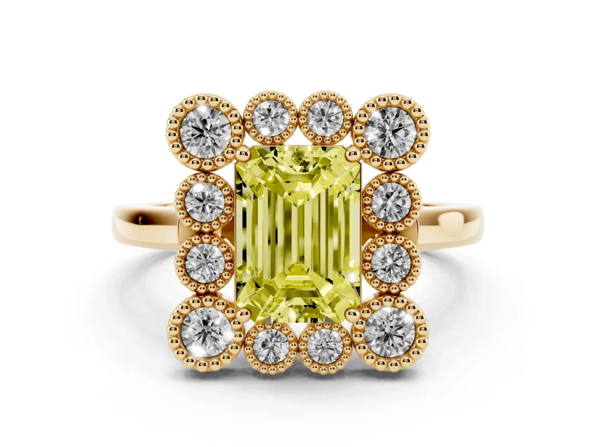 Fancy Yellow Emerald Cut Diamond Cluster Halo Ring Set in Yellow gold with Milgrain Bezel Accents and Plain Band