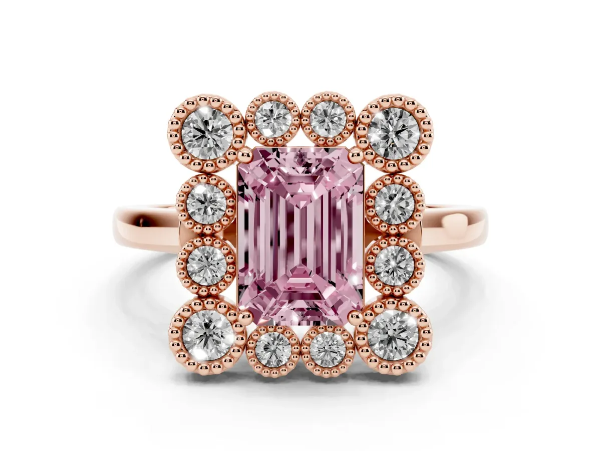 Fancy Pink Emerald Cut Diamond Cluster Halo Ring Set in Rose gold with Milgrain Bezel Accents and Plain Band
