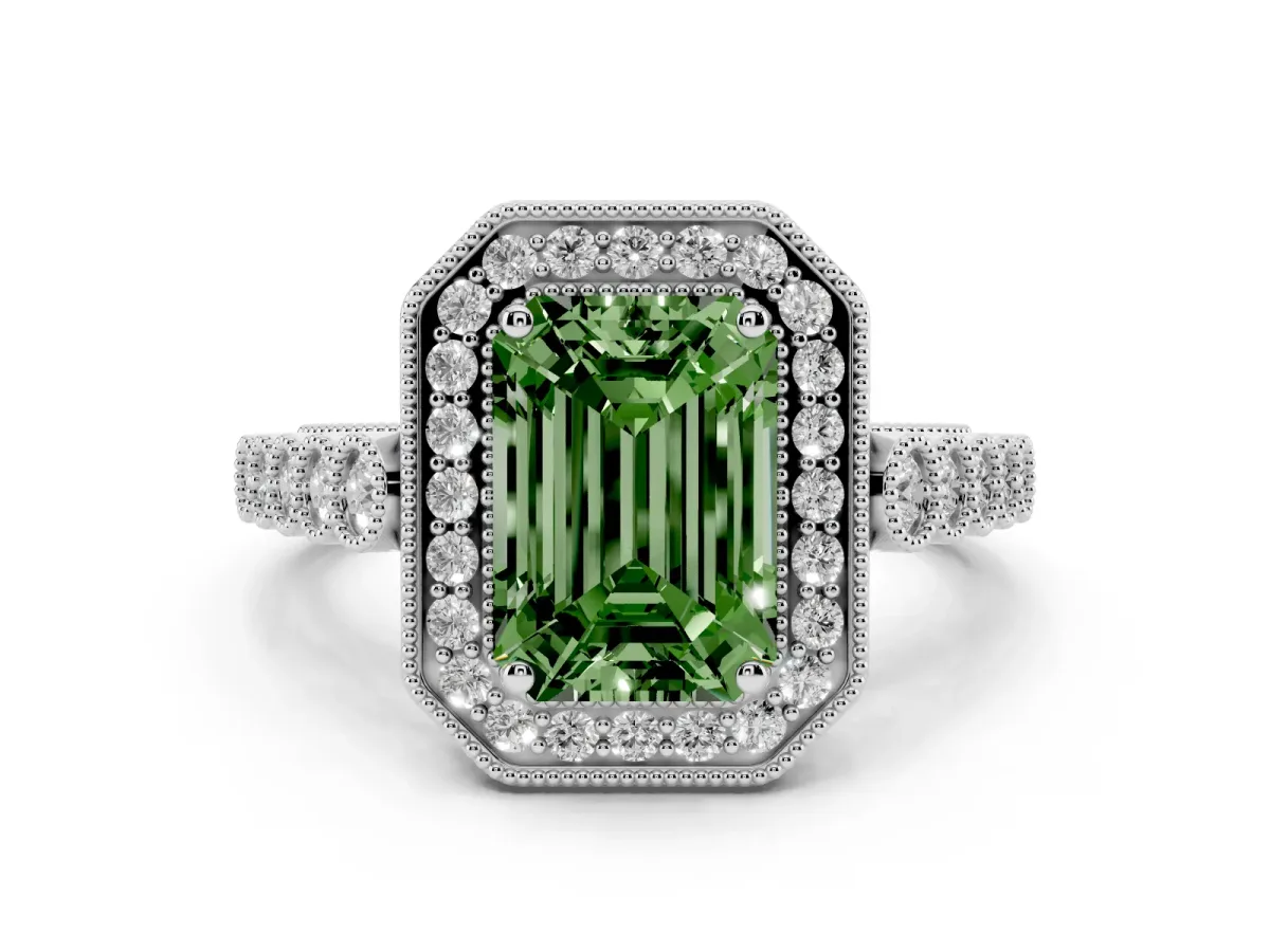 Fancy Green Emerald Cut Diamond Milgrain Halo Solitaire Ring Set in Silver with Bezel Set Side Stones and Pavé Band