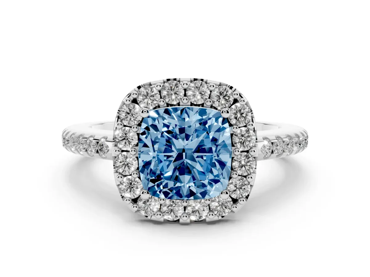 Fancy Blue Cushion Cut Diamond Pavé Halo Ring Set in White gold with Prong Setting