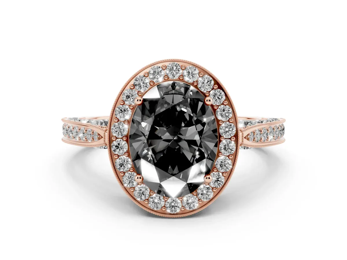 Fancy Black Oval Cut Diamond Halo Engagement Ring Set in Rose gold with Accent Split Shank Band