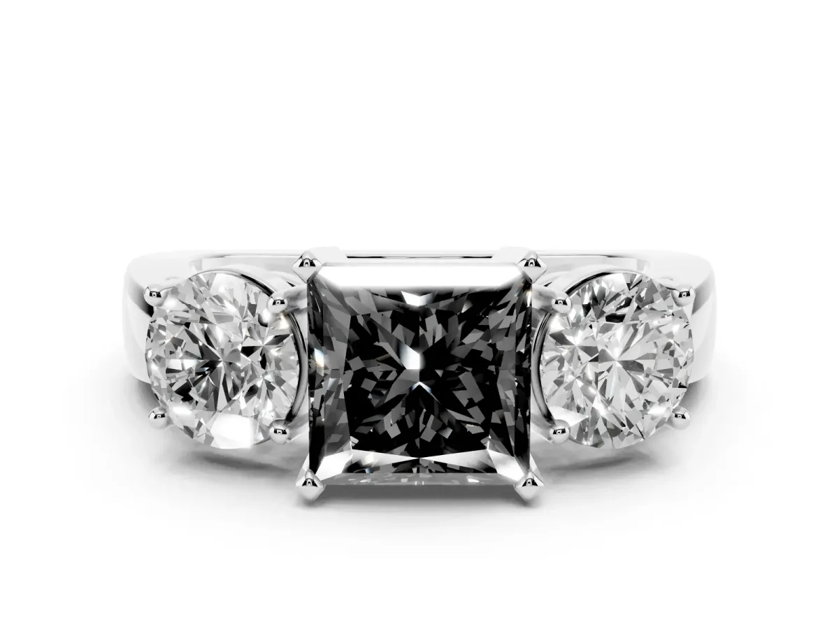 Fancy Black Princess Cut Diamond Three-Stone Ring Set in White gold with Round Side Stones and Classic Band