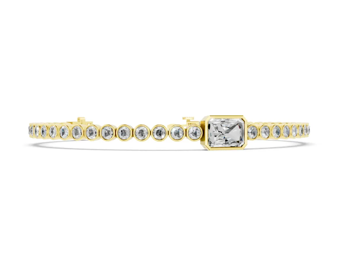 Round Diamond Bezel-Set Tennis Bracelet Set in Yellow gold with Radiant Cut Center Stone