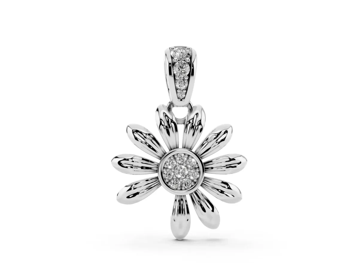 Round Diamond Daisy Flower Pendant Set in White gold with Pavé Petal Accents