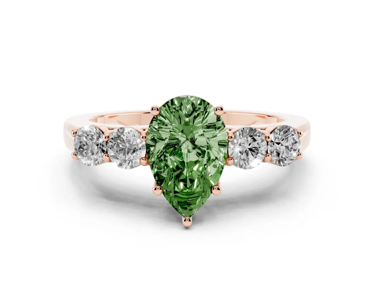 Fancy Green Pear Cut Diamond Five-Stone Prong Set Band Ring Set in Rose gold with Polished Band