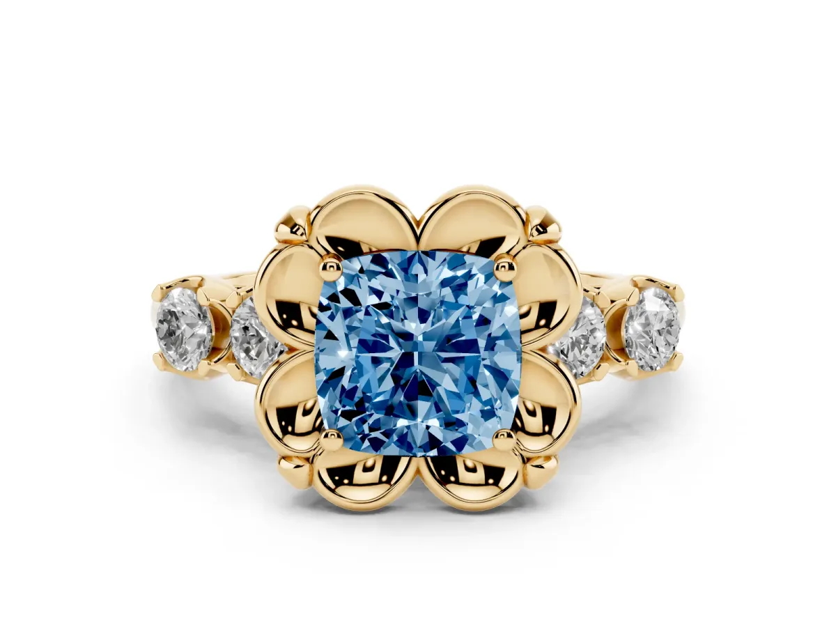 Fancy Blue Cushion Cut Diamond Floral Halo Ring Set in Yellow gold with Shared Prong Band