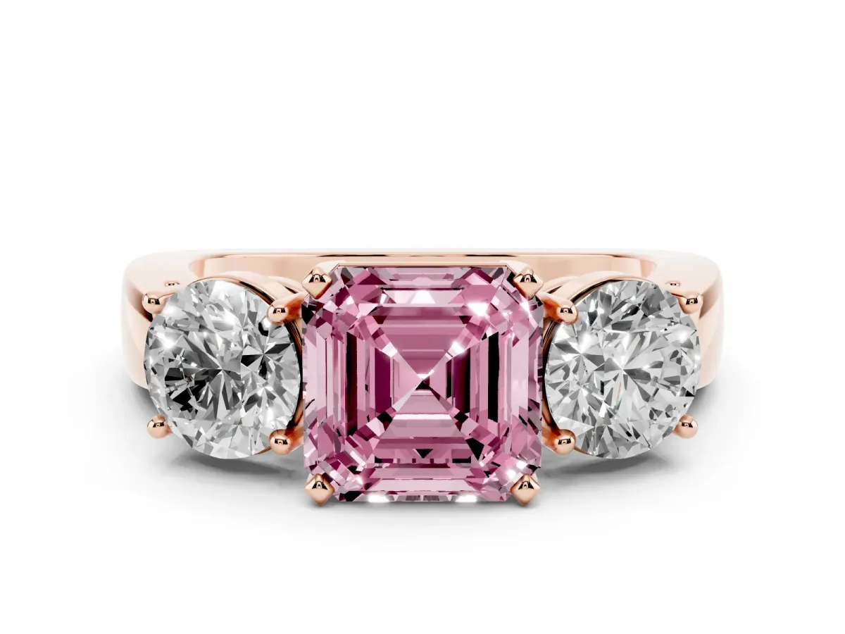 Fancy Pink Asscher Cut Diamond Three-Stone Ring Set in Rose gold with Round Side Stones and Classic Band