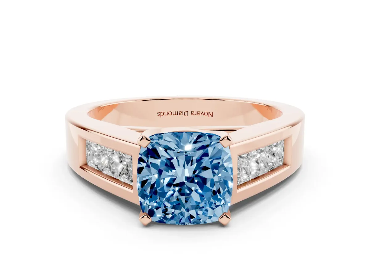 Fancy Blue Cushion Cut Diamond Solitaire Ring Set in Rose gold with Channel-Set Accent Stones and Prong Setting