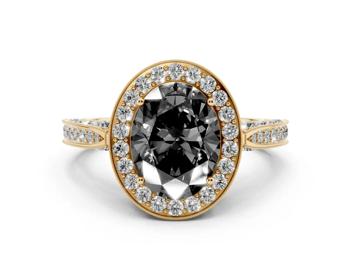 Fancy Black Oval Cut Diamond Halo Engagement Ring Set in Yellow gold with Accent Split Shank Band