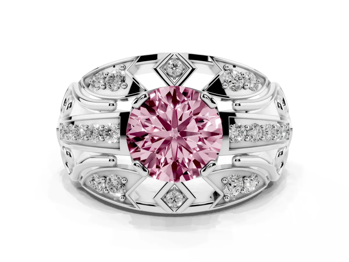 Fancy Pink Round Cut Diamond Art Deco Ring Set in Platinum with Pavé Split Shank