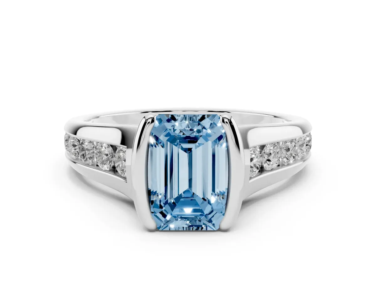 Fancy Blue Emerald Cut Diamond Bezel-Set Solitaire Ring Set in Silver with Channel-Set Band