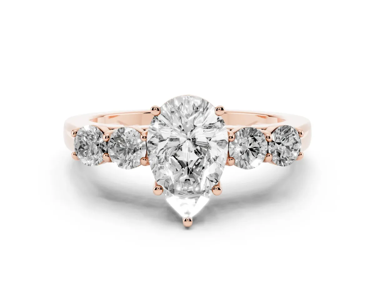 Pear Cut Diamond Five-Stone Prong Set Band Ring Set in Rose gold with Polished Band