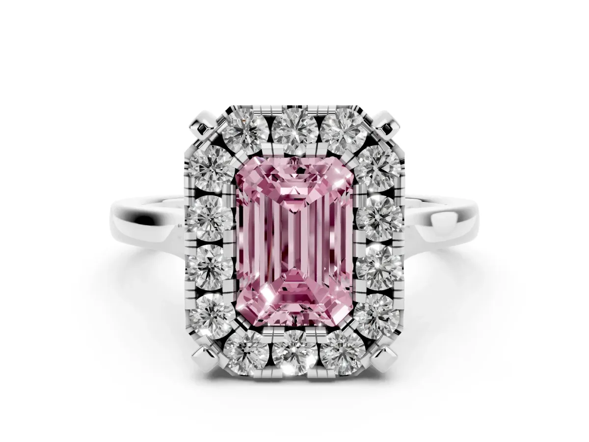 Fancy Pink Emerald Cut Diamond Cluster Halo Solitaire Ring Set in White gold with Prong Setting