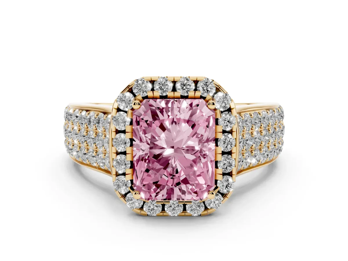 Fancy Pink Radiant Cut Diamond Halo Ring Set in Yellow gold with Pavé Band and Raised Center Setting