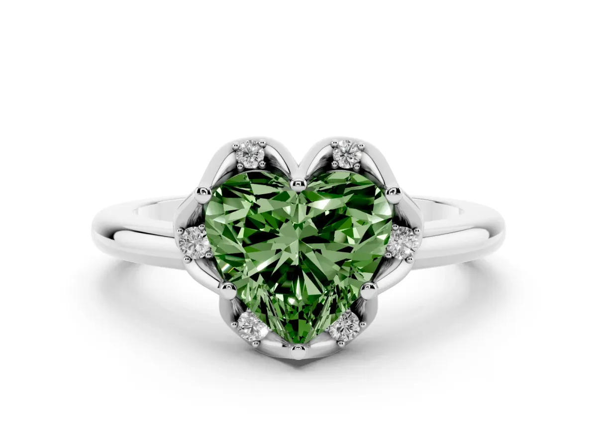 Fancy Green Heart Cut Diamond Round Cluster Halo Ring Set in Platinum with Solitaire Band and Prong Setting