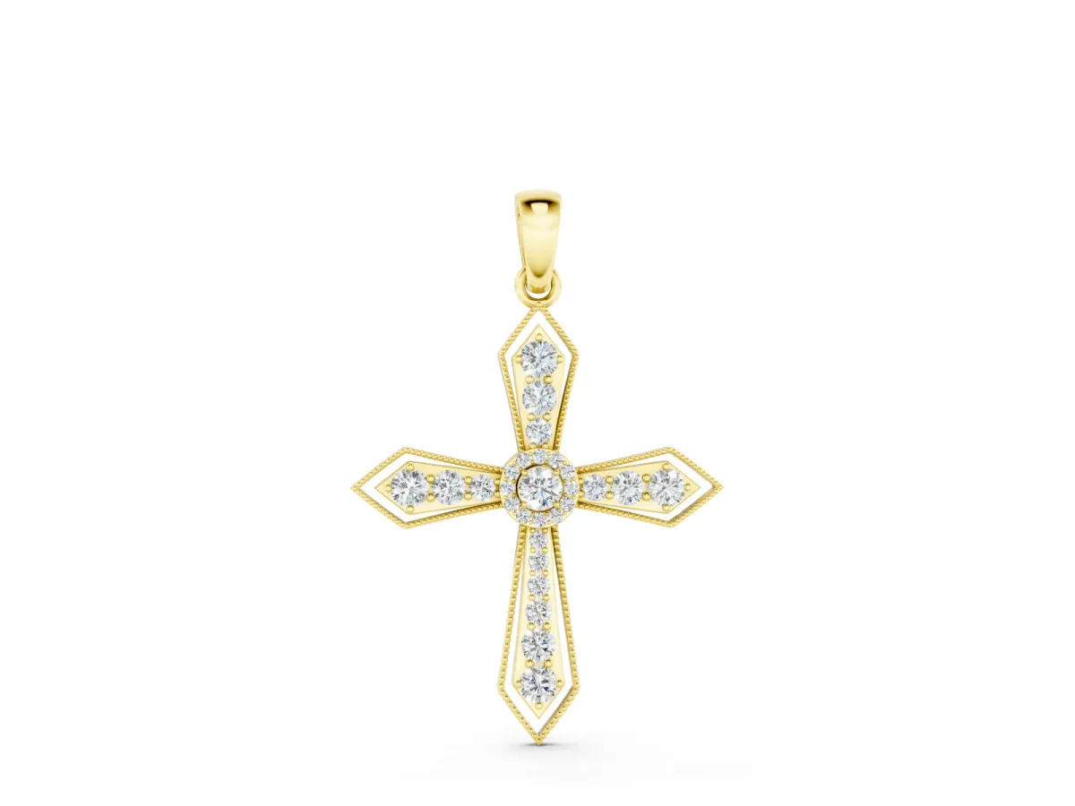Round Diamond Milgrain Cross Pendant Set in Yellow gold with Bezel-Set Stones