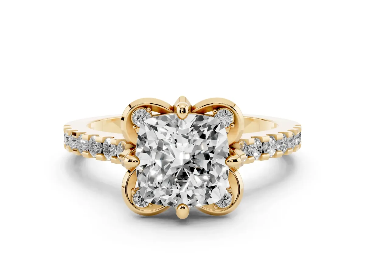 Cushion Cut Diamond Solitaire Ring Set in Yellow gold with Pavé Band and Floral Prong Setting