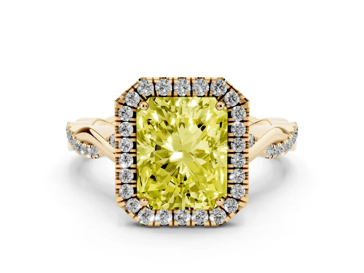 Fancy Yellow Radiant Cut Diamond Halo Twist Band Solitaire Ring Set in Yellow gold with Prong Setting
