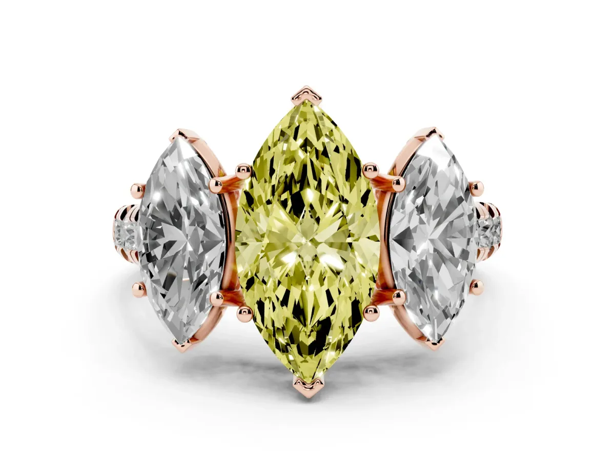 Fancy Yellow Marquise Cut Diamond Three-Stone Ring Set in Rose gold with Pavé Band