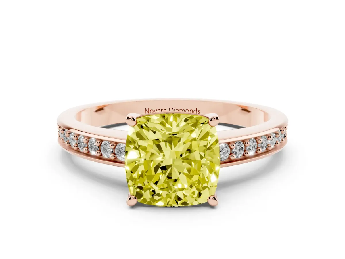 Fancy Yellow Cushion Cut Diamond Pavé Band Prong Set Solitaire Ring Set in Rose gold
