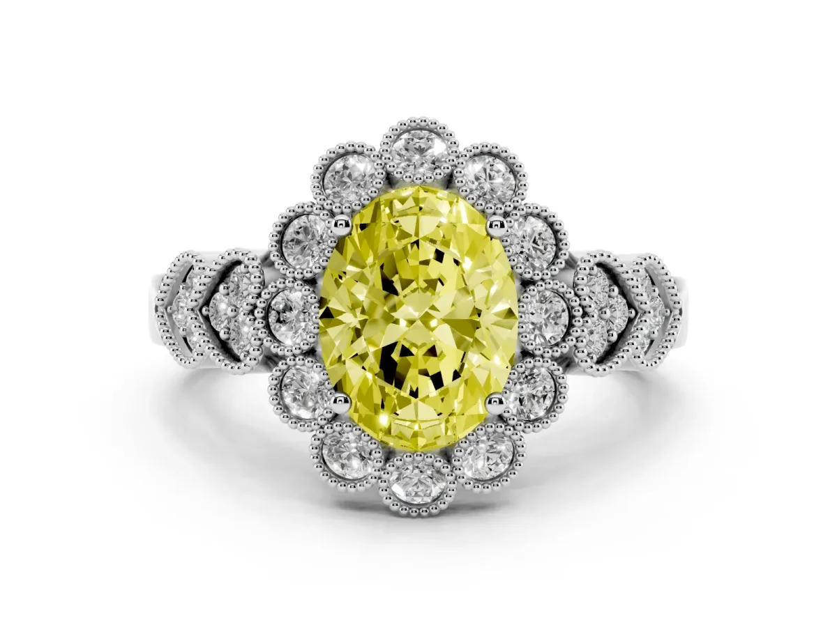 Fancy Yellow Oval Cut Diamond Solitaire Ring Set in Platinum with Milgrain Pavé Heart Band