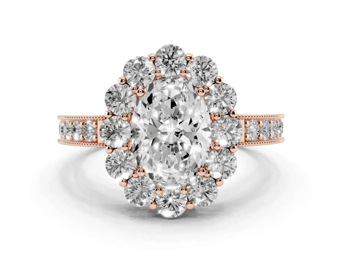 Oval Cut Diamond Halo Pavé Engagement Ring Set in Rose gold with Milgrain Detailing