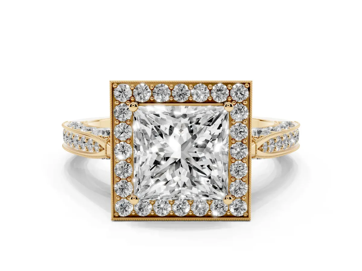 Princess Cut Diamond Halo Engagement Ring Set in Yellow gold with Accent Split Shank Band