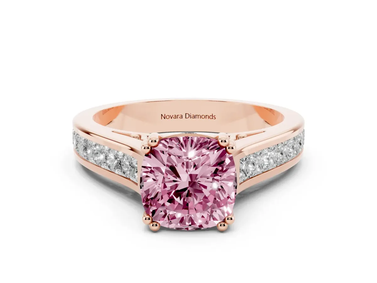 Fancy Pink Cushion Cut Diamond Channel Set Solitaire Engagement Ring Set in Rose gold with Prong Setting