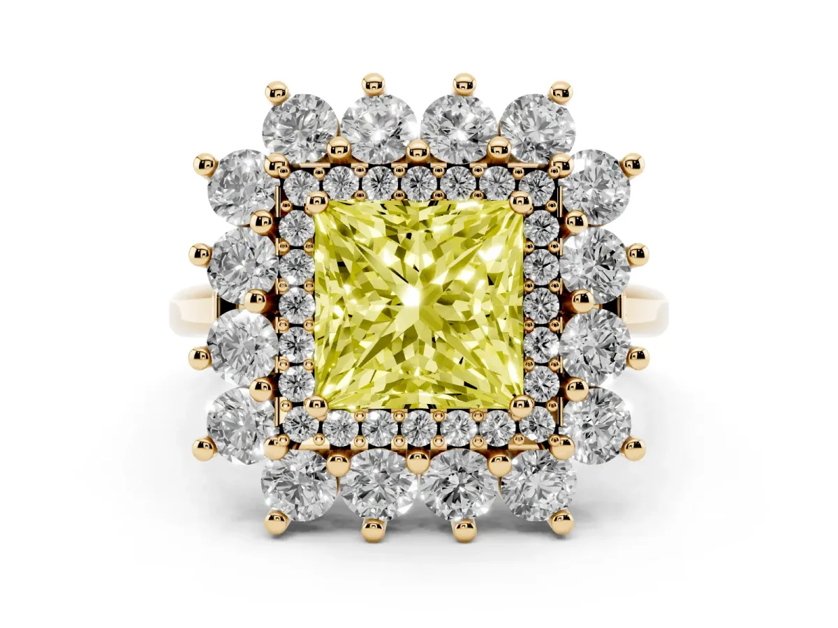 Fancy Yellow Princess Cut Diamond Floral Double Halo Ring Set in Yellow gold with Round Petals