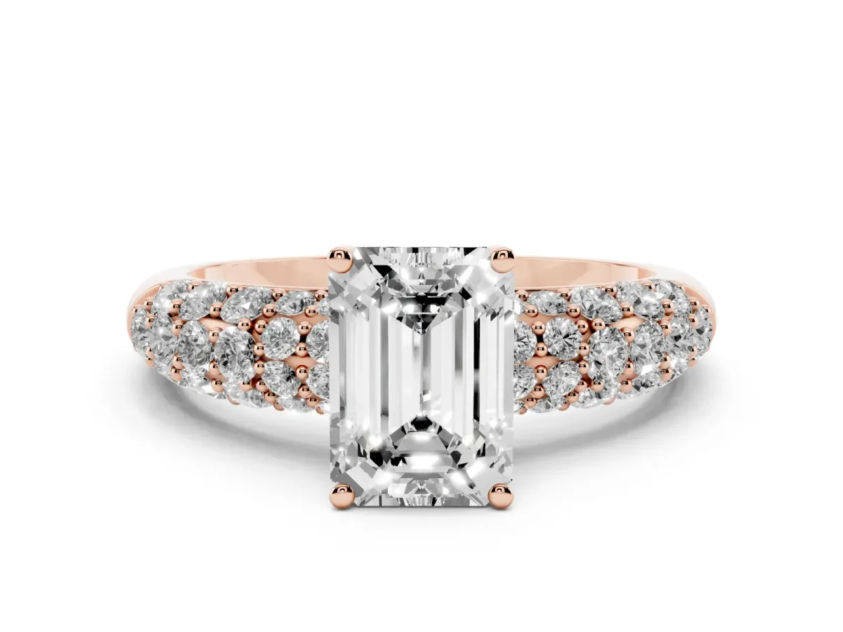 Emerald Cut Diamond Pavé Band Solitaire Ring Set in Rose gold with Close-Set Accent Stones and Prong Setting