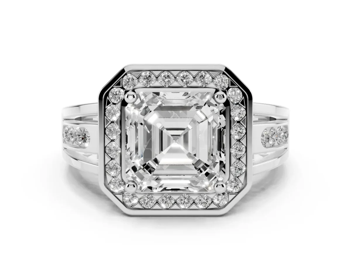 Asscher Cut Diamond Halo Ring Set in Silver with Pavé and Bezel Accent Split Shank