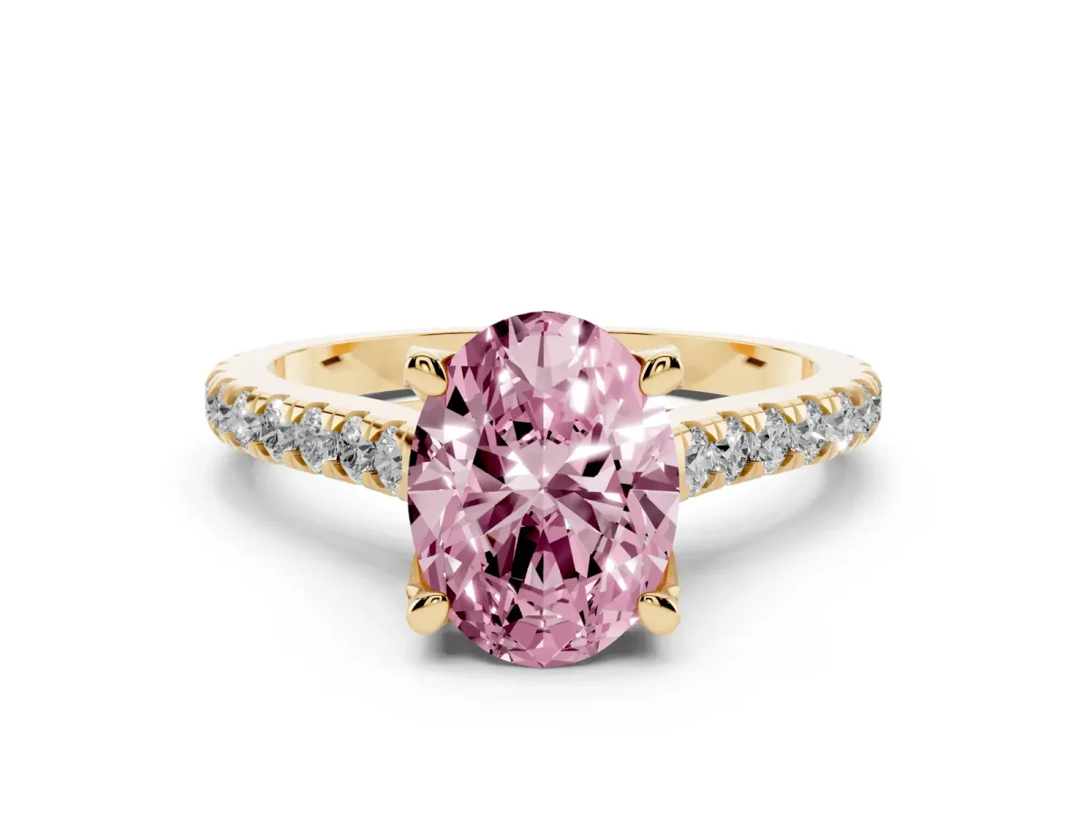 Fancy Pink Oval Cut Diamond Solitaire Ring Set in Yellow gold with Brilliant Pavé Band and Prong Setting
