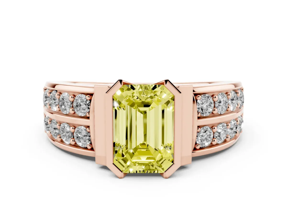 Fancy Yellow Emerald Cut Diamond Wide Channel Set Band Ring Set in Rose gold with Bezel Setting
