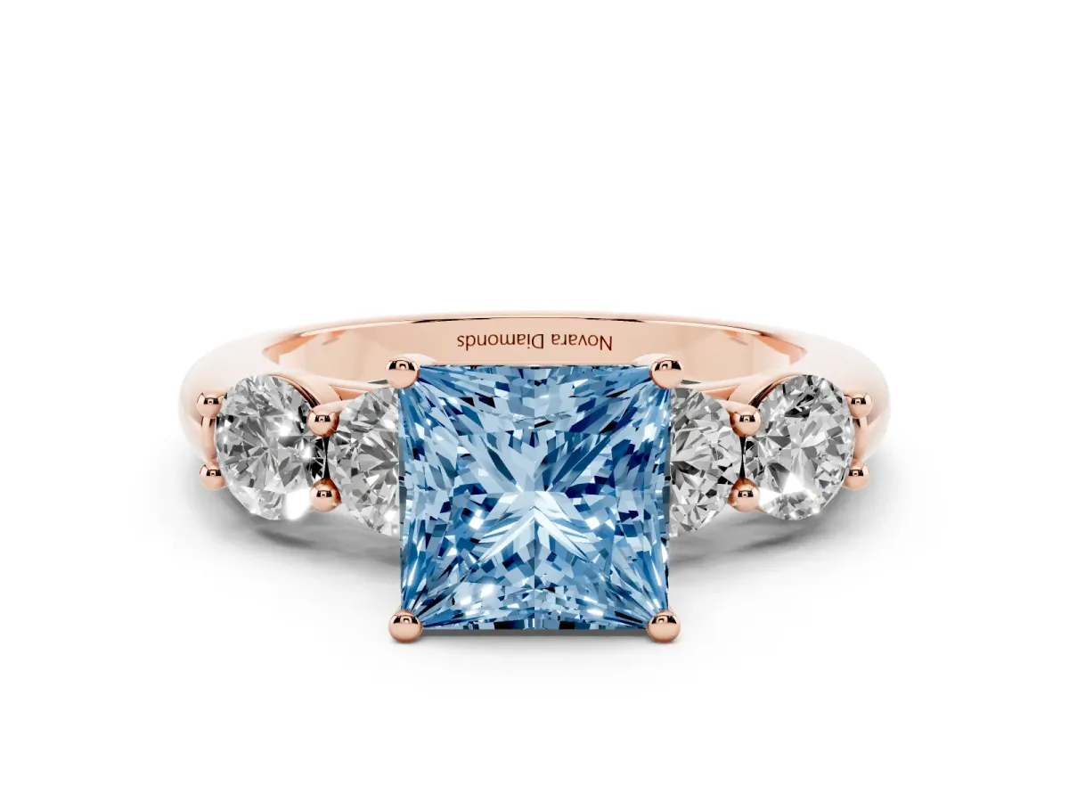 Fancy Blue Princess Cut Diamond Five-Stone Prong Set Ring Set in Rose gold with Classic Band