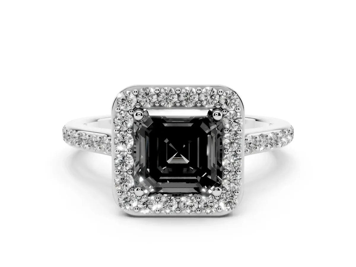 Fancy Black Asscher Cut Diamond Halo Engagement Ring Set in Platinum with Round Pavé Shoulders and Heart Gallery