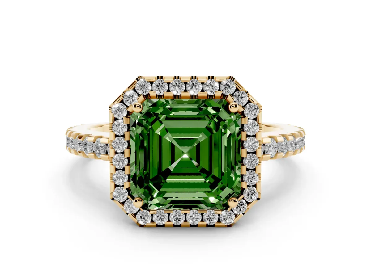Fancy Green Asscher Cut Diamond Halo Ring Set in Yellow gold with Pavé Shoulders and Halo-Framed Center