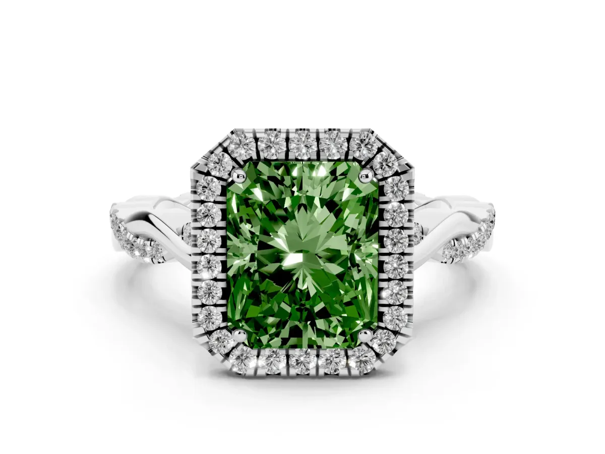 Fancy Green Radiant Cut Diamond Halo Twist Band Solitaire Ring Set in Silver with Prong Setting