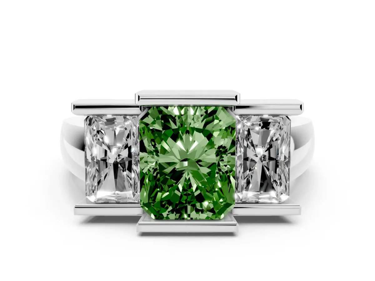 Fancy Green Radiant Cut Diamond Three-Stone Channel Set Ring Set in White gold with Smooth Polished Band