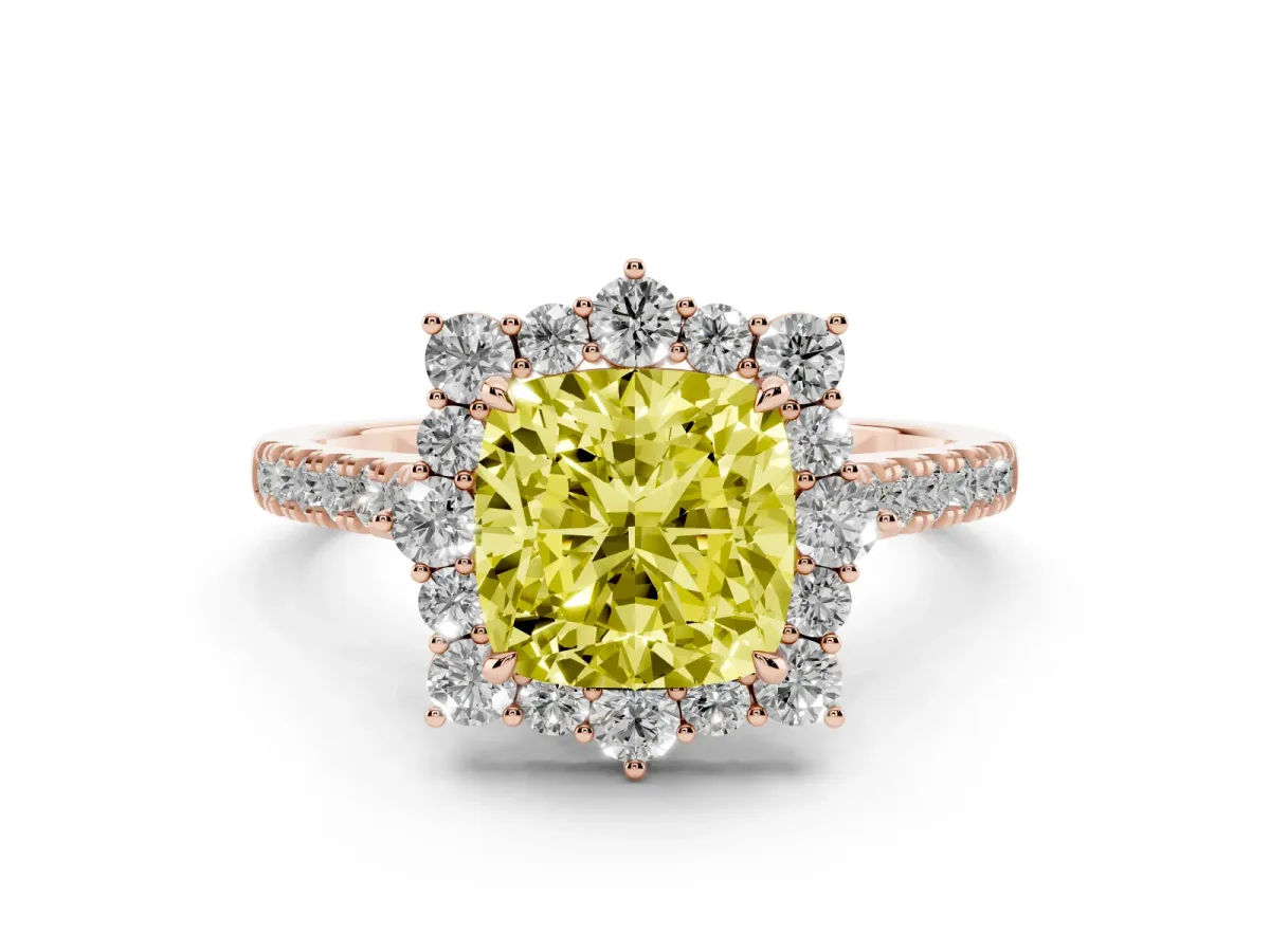 Fancy Yellow Cushion Cut Diamond Halo Ring Set in Rose gold with Pavé Band and Prong Setting