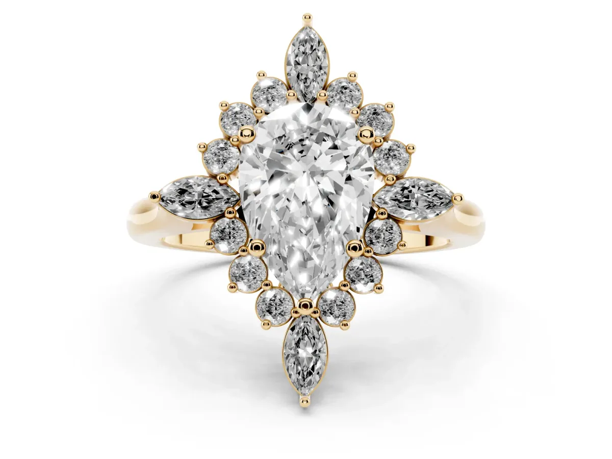 Pear Cut Diamond Cluster Halo Ring Set in Yellow gold with Marquise and Round Accents