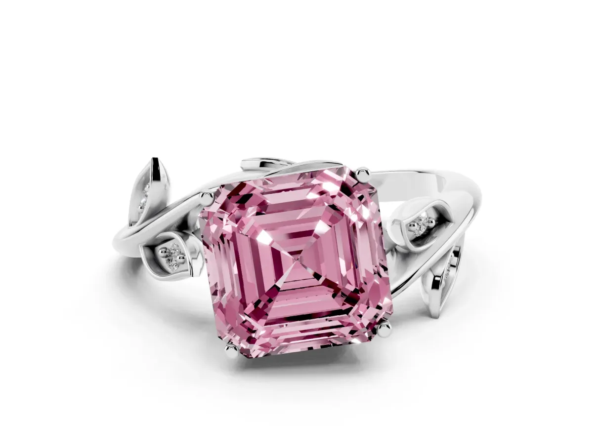 Fancy Pink Asscher Cut Diamond Solitaire Twist Engagement Ring Set in Platinum with Pavé Leaf Accents