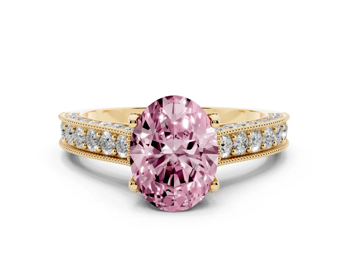 Fancy Pink Oval Cut Diamond Solitaire Ring Set in Yellow gold with Milgrain-Edged Pavé Band and Prong Setting