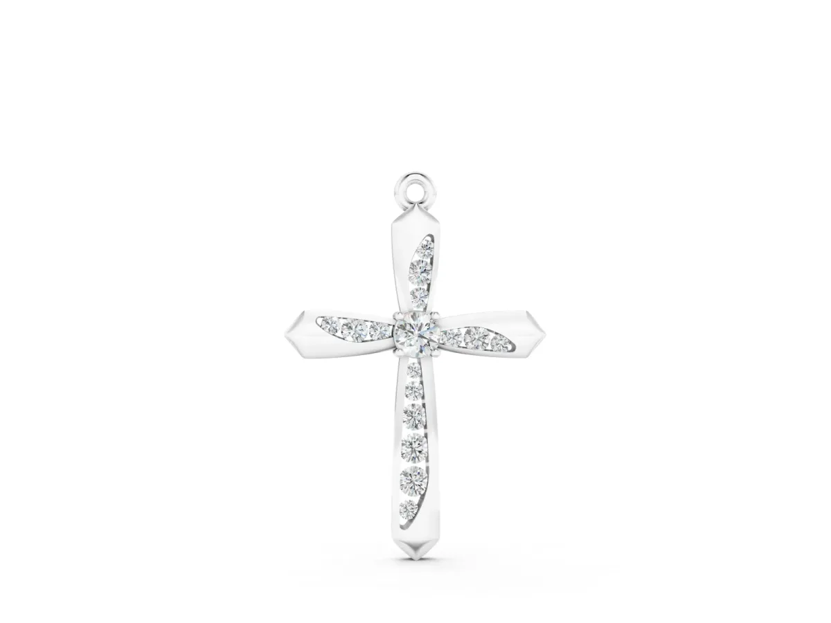 Cross Pendant Set in Silver with Prong-Set Round Cut Stones and Center Stone