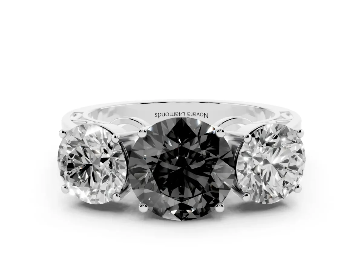 Fancy Black Round Cut Diamond Three-Stone Ring Set in White gold with Textured Band