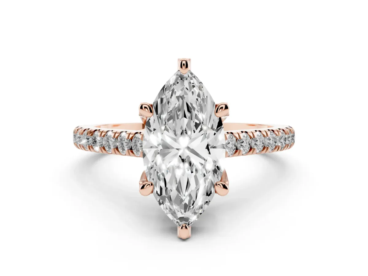 Marquise Cut Diamond Solitaire Ring Set in Rose gold with Brilliant Pavé Band and Prong Setting