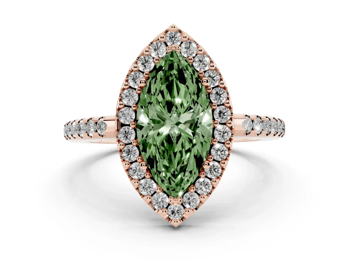 Fancy Green Marquise Cut Diamond Pavé Halo Ring Set in Rose gold with Prong Setting